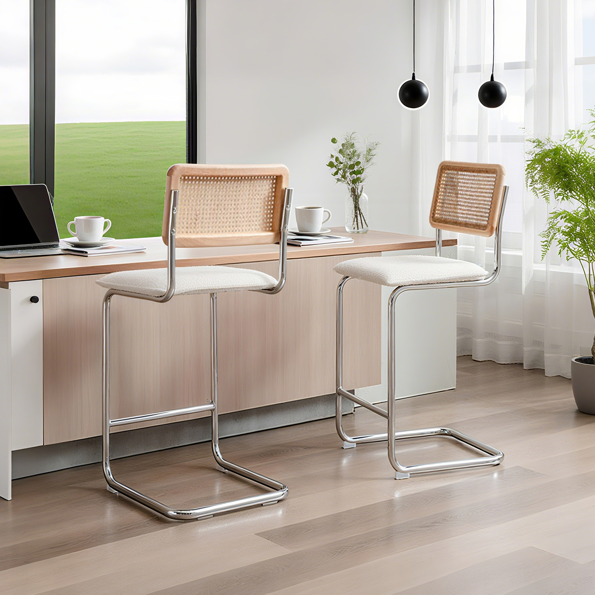 Rattan Back Boucle Bar Stool mit Chrom-Ausleger Basis-Mitte des Jahrhunderts modern