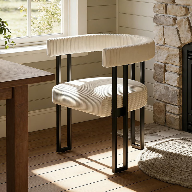 Boucle Esszimmerstuhl, gepolsterter Esszimmerstuhl aus weißem Cord mit Metallbeinen, Mid-Century Modern Akzentstuhl